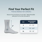 Measurement chart for bamboo yarn socks with a foot illustration and size chart on a blue background.