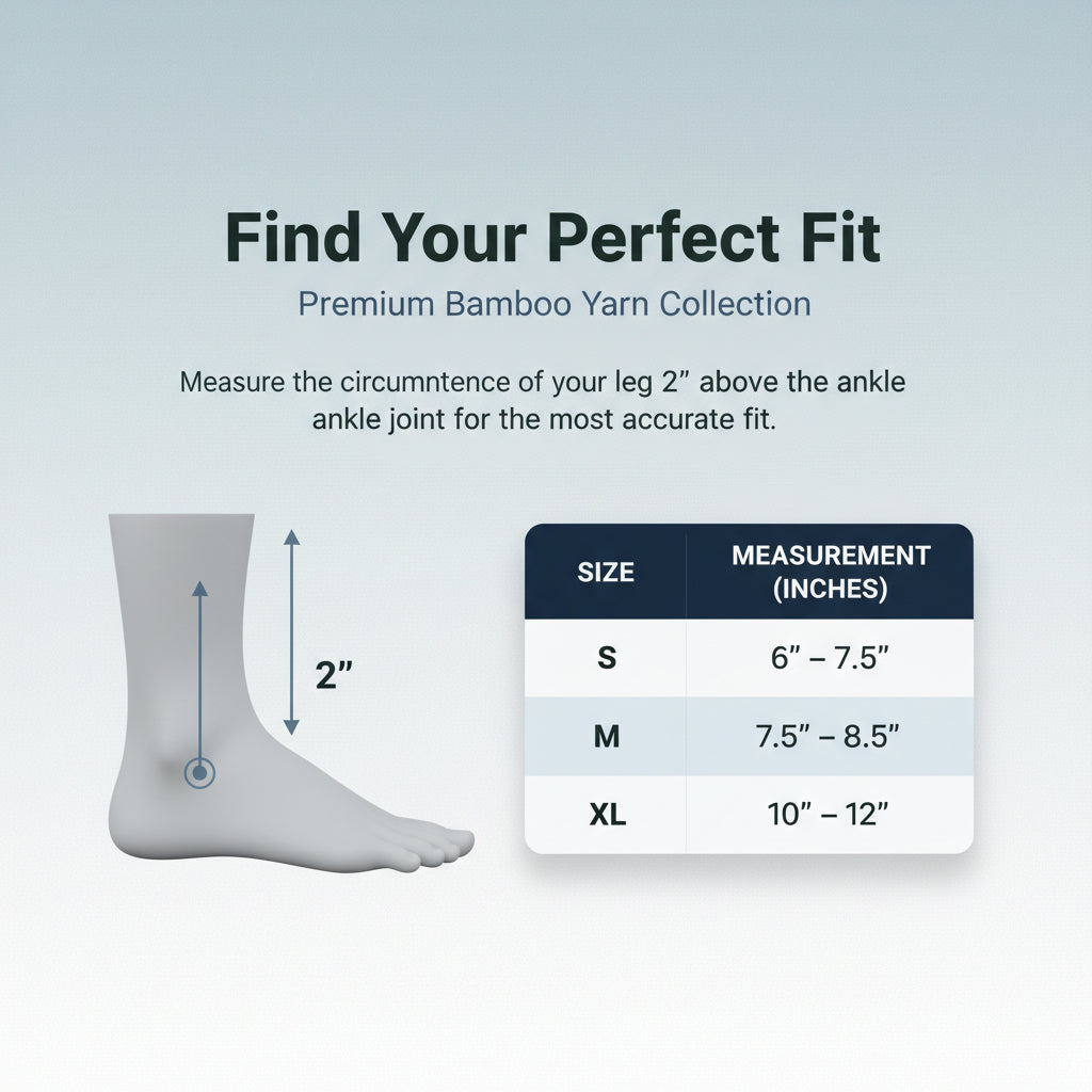 Measurement chart for bamboo yarn socks with a foot illustration and size chart on a blue background.