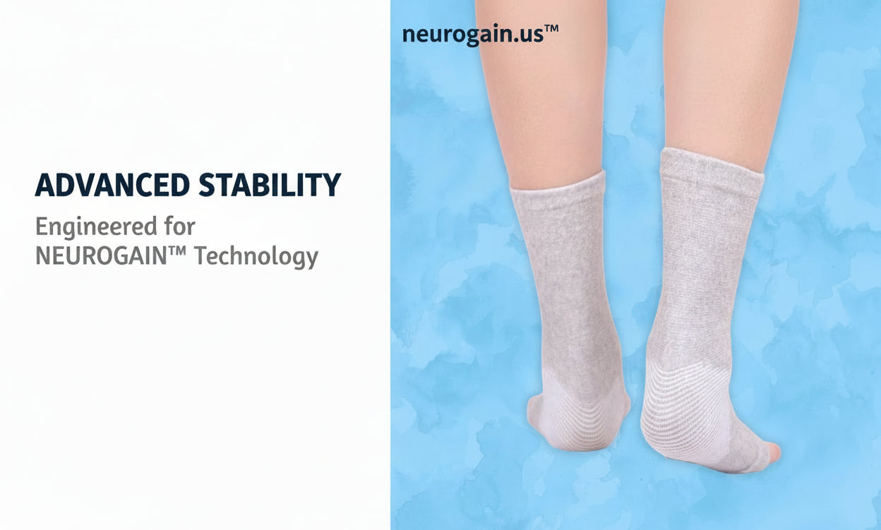 Anti Fatigue Bamboo Foot Sleeves with features highlighted on a blue background
