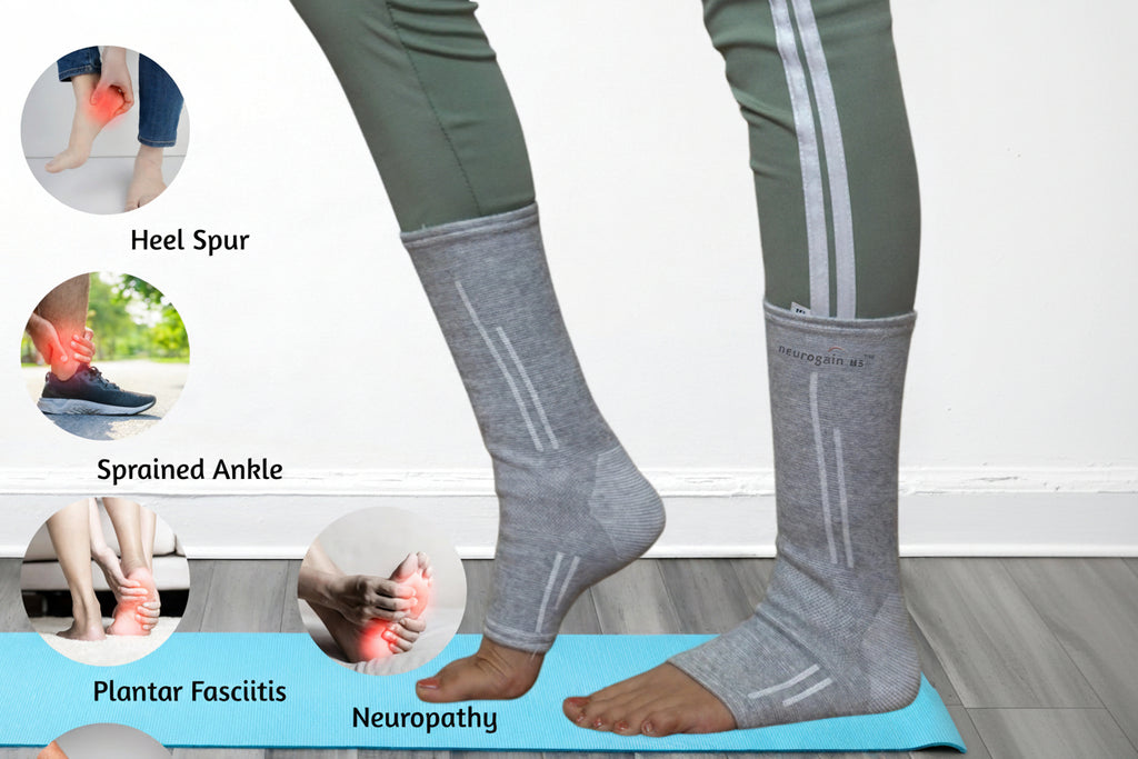 Person wearing gray compression socks with foot health issues illustrated above and 'All day Pain Relief' text at the bottom.