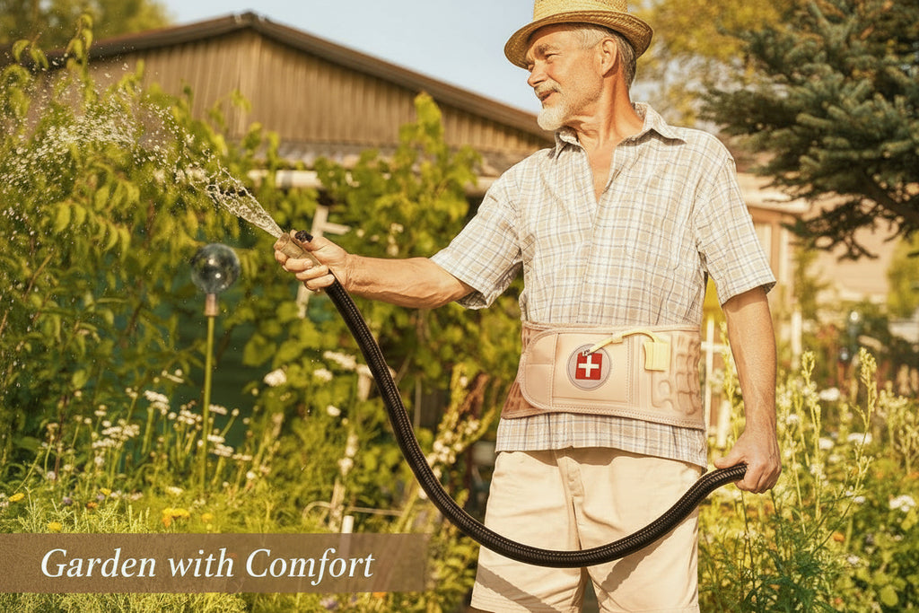 Man watering plants in a garden wearing a back brace with a visible brand logo.